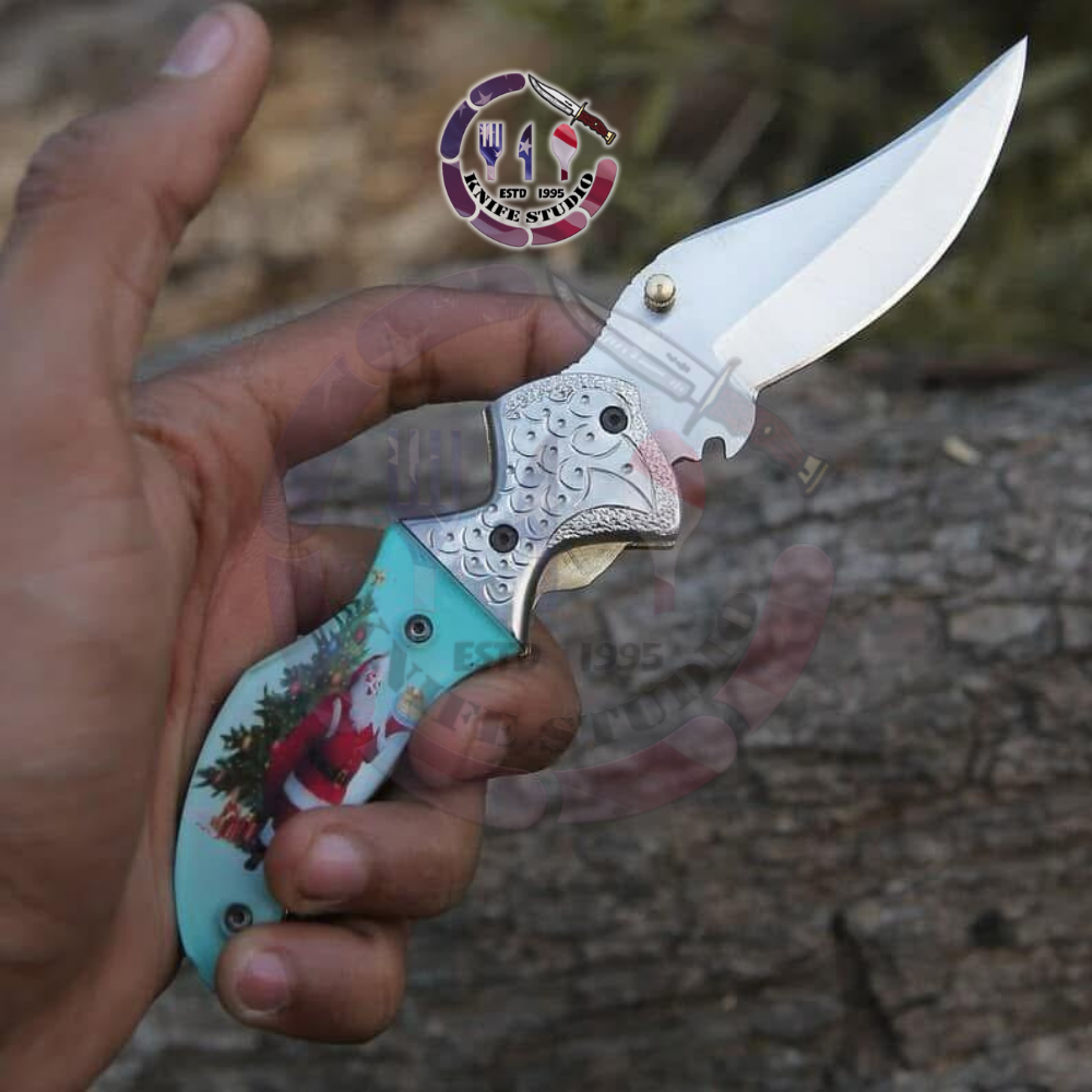 10" Custom Hand-Engraved "Merry Christmas" Folding Knife – High Carbon Steel Blade with Festive Art Handle - Image 3