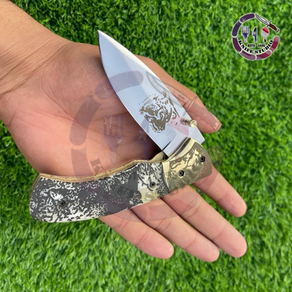 10" Custom Hand-Engraved Bear Motif Folding Knife – Damascus Steel Blade with Textured Camo Handle - Image 8