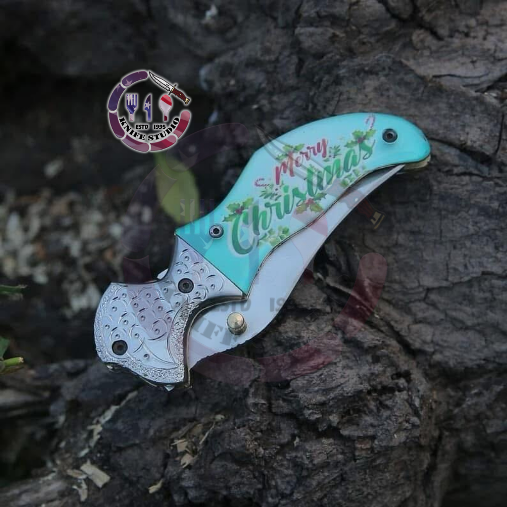 10" Custom Hand-Engraved "Merry Christmas" Folding Knife – High Carbon Steel Blade with Festive Art Handle - Image 6