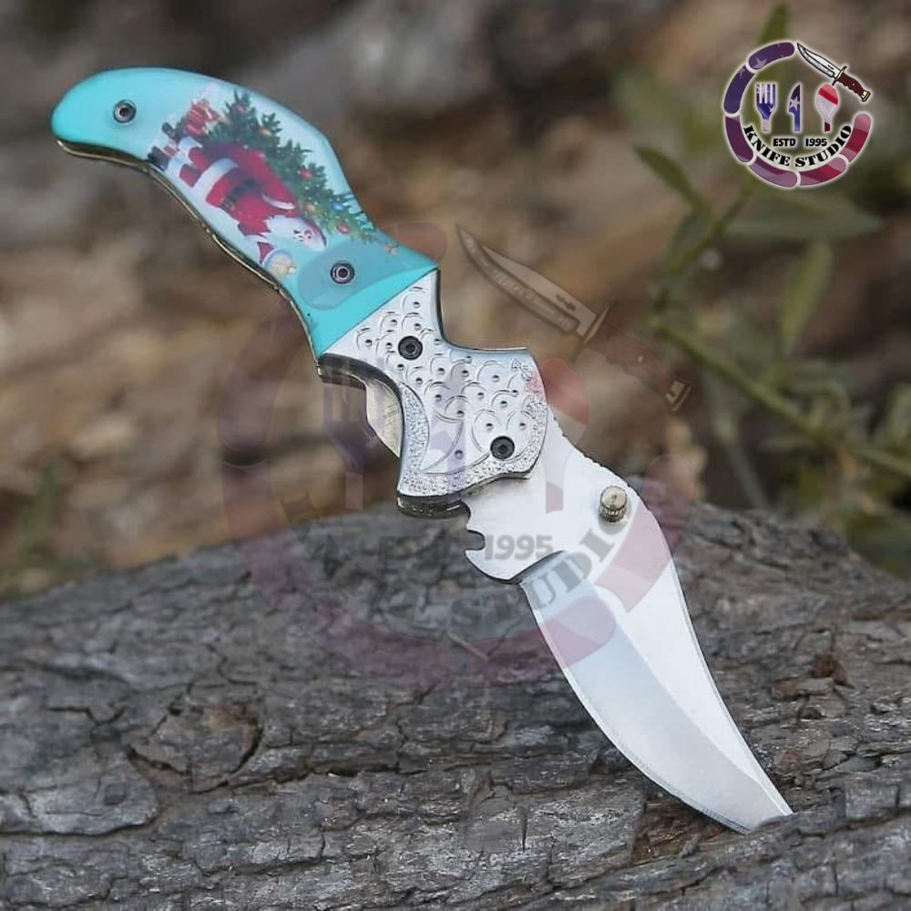 10" Custom Hand-Engraved "Merry Christmas" Folding Knife – High Carbon Steel Blade with Festive Art Handle - Image 7