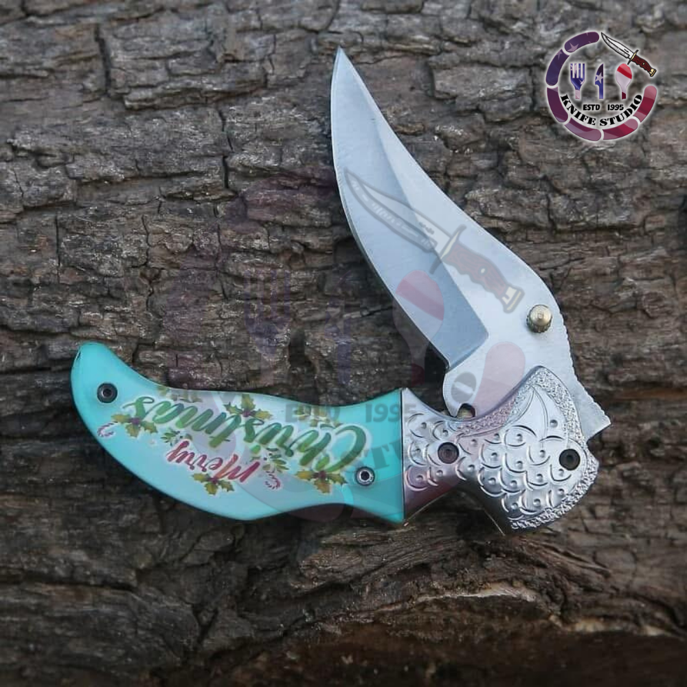10" Custom Hand-Engraved "Merry Christmas" Folding Knife – High Carbon Steel Blade with Festive Art Handle - Image 8