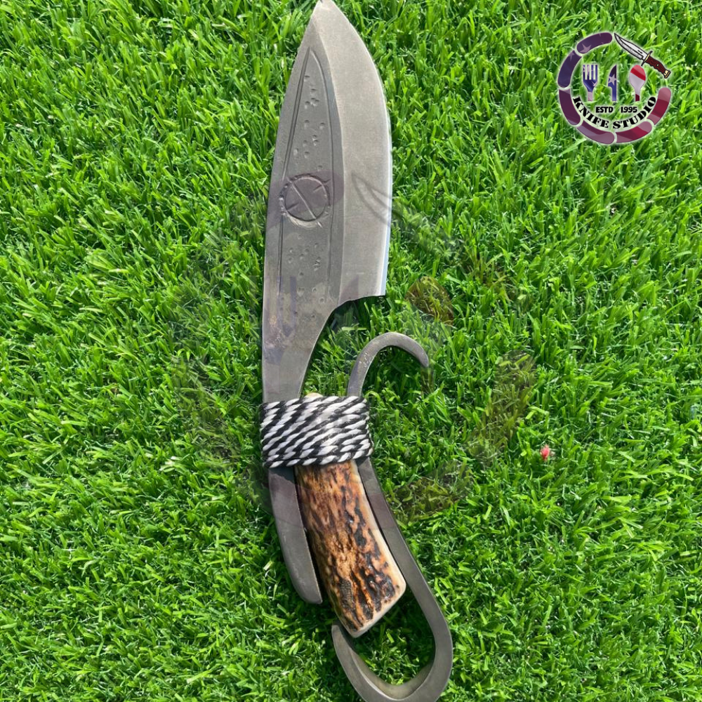 12" Custom Hand-Forged Tracker Knife – Rugged Antler Handle with Paracord Wrap & Unique Hook Guard