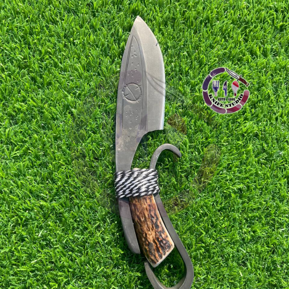 12" Custom Hand-Forged Tracker Knife – Rugged Antler Handle with Paracord Wrap & Unique Hook Guard - Image 3