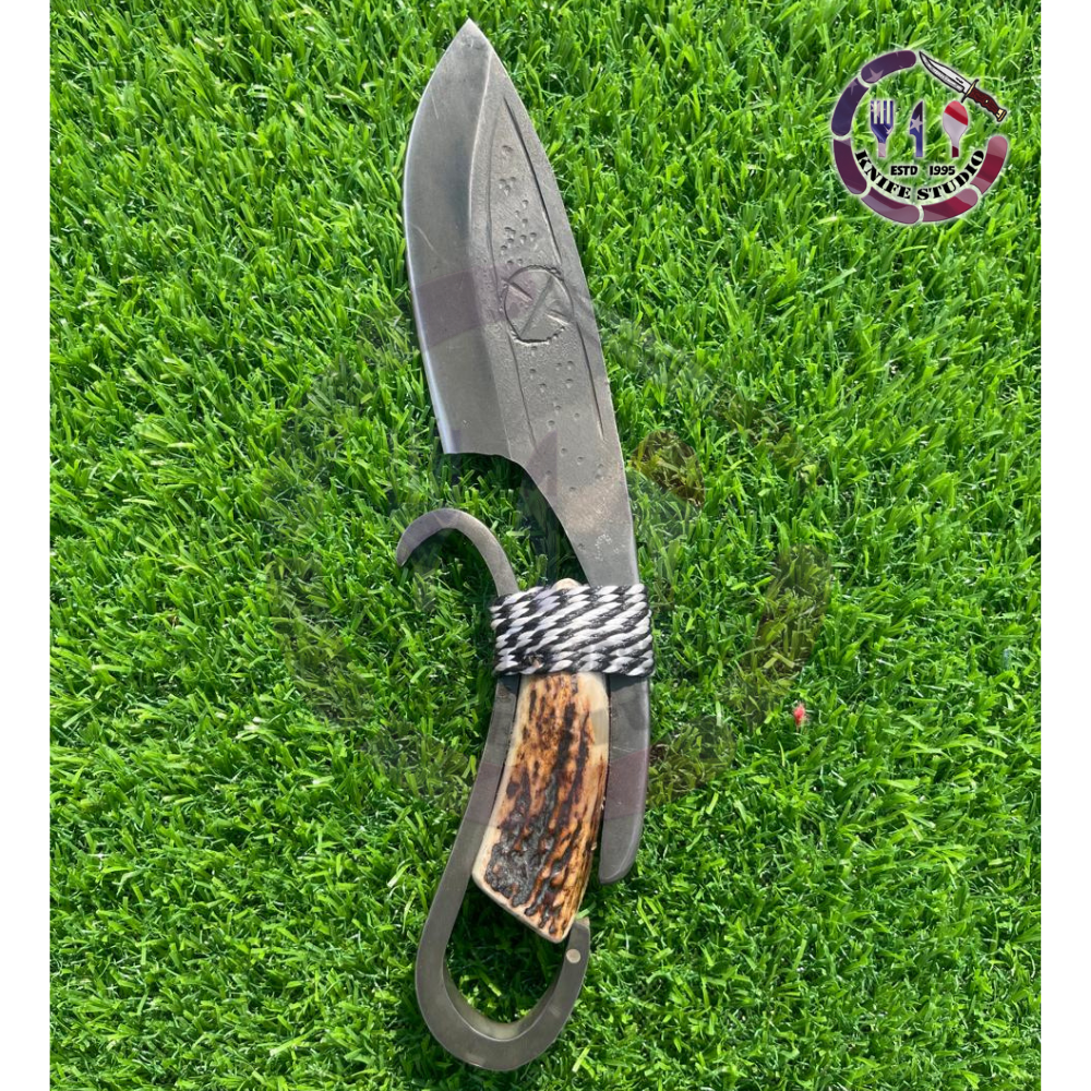 12" Custom Hand-Forged Tracker Knife – Rugged Antler Handle with Paracord Wrap & Unique Hook Guard - Image 4