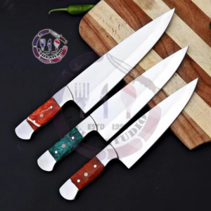 Set of 3 Professional High Carbon Stainless Steel Chef Knives – Vibrant Hybrid Handles with Polished Bolsters