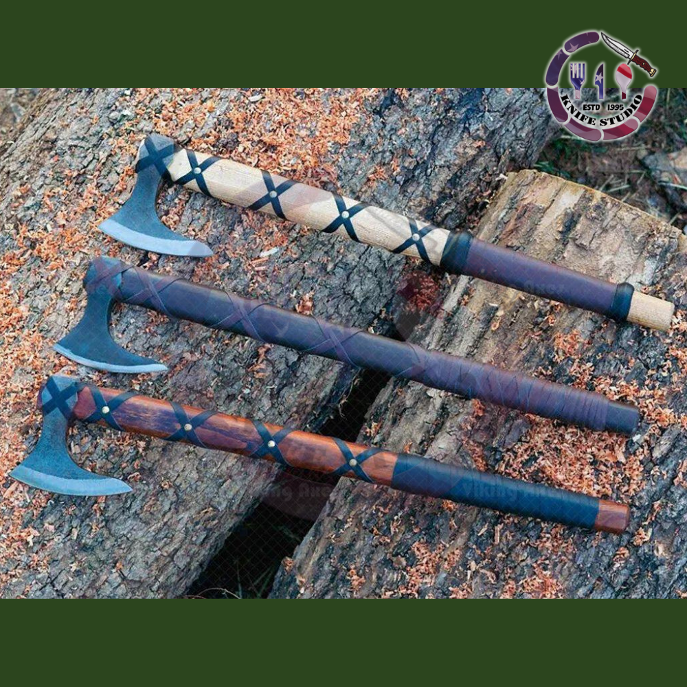 Handmade Viking Bearded Axe Set – High Carbon Steel Hatchets with Rosewood & Ash Handles (Pack of 3) - Image 6