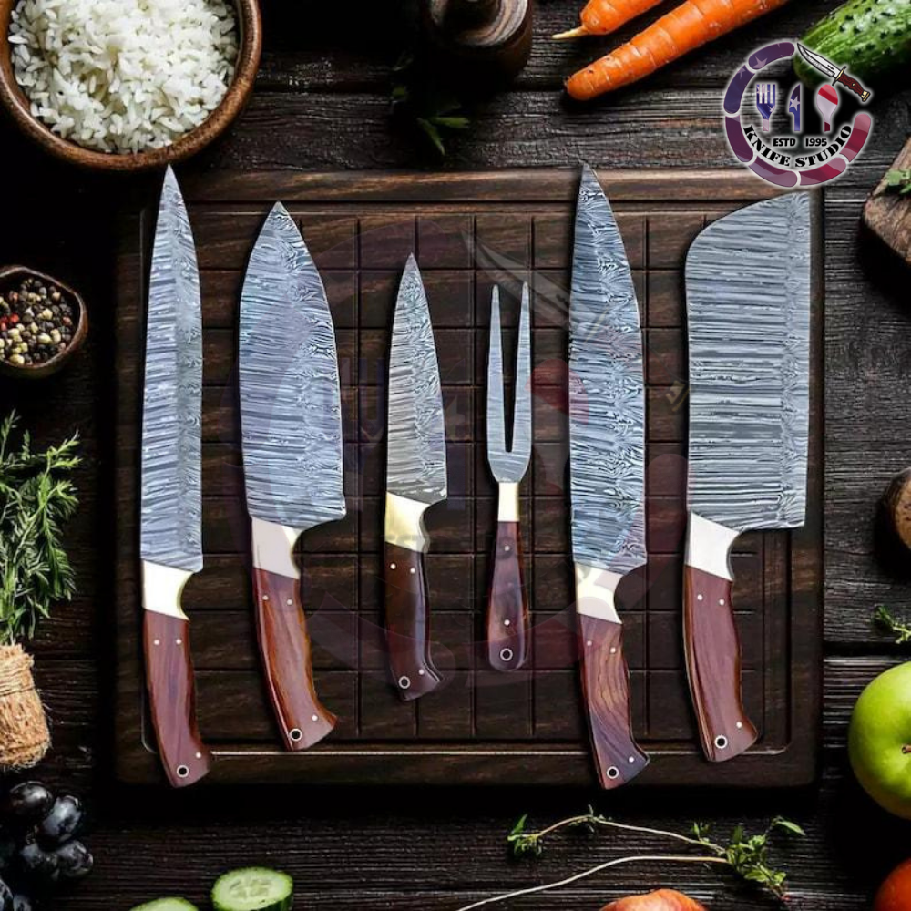 Premium 6-Piece Handmade Damascus Steel Kitchen Knife Set – Professional Chef Set with Rosewood Handles