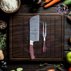 Handmade Damascus Steel Serbian Cleaver & Meat Fork Set – Professional BBQ & Carving Duo