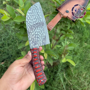 Handmade Damascus Steel Serbian Cleaver – Forged BBQ Chef Knife with Red Micarta Handle