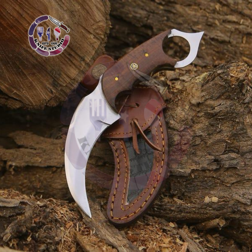 Handmade D2 Steel Tactical Karambit Knife – Rosewood Handle with Integrated Finger Ring & Leather Sheath