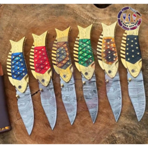 Pack of 6 Custom Handmade Damascus Steel Fish Style Folding Knives - Colorful Scale Handles