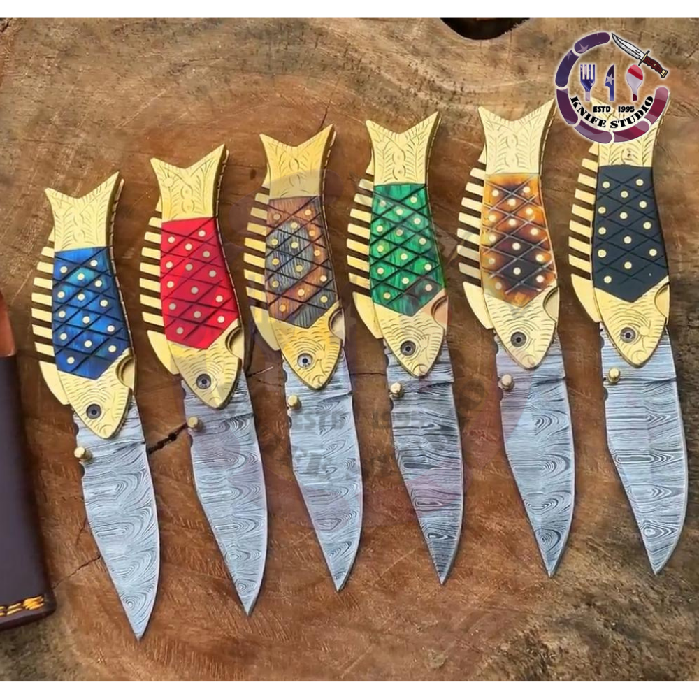 Pack of 6 Custom Handmade Damascus Steel Fish Style Folding Knives - Colorful Scale Handles