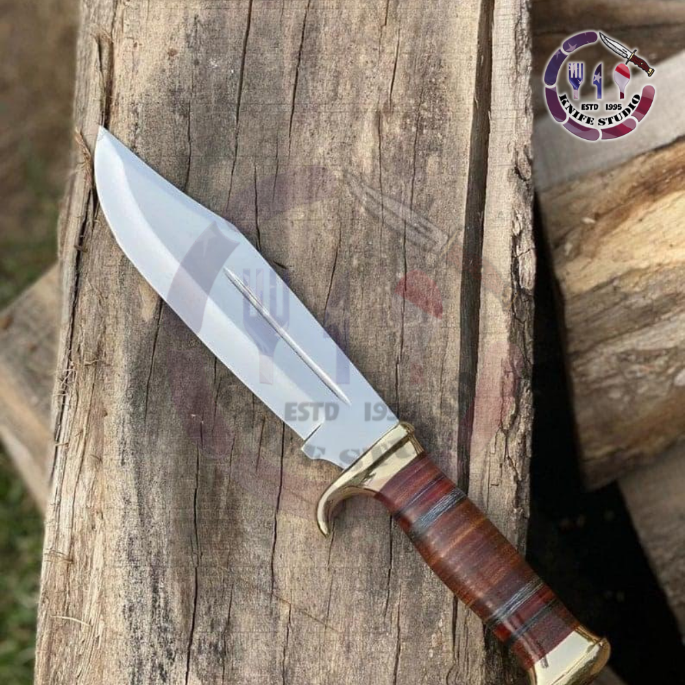 15" Custom Hand-Forged Dagger Hunting Knife - Stacked Leather Handle with Brass Guard - Image 3