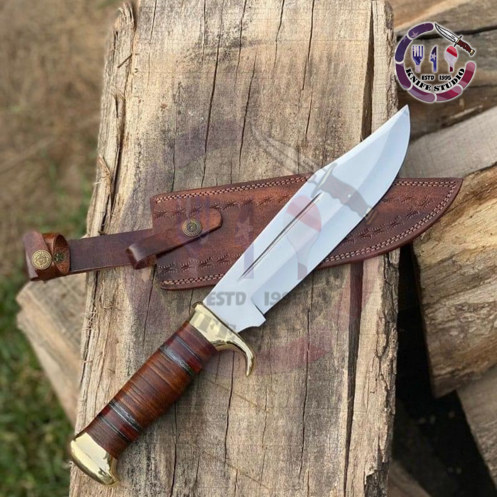 15" Custom Hand-Forged Dagger Hunting Knife - Stacked Leather Handle with Brass Guard - Image 4
