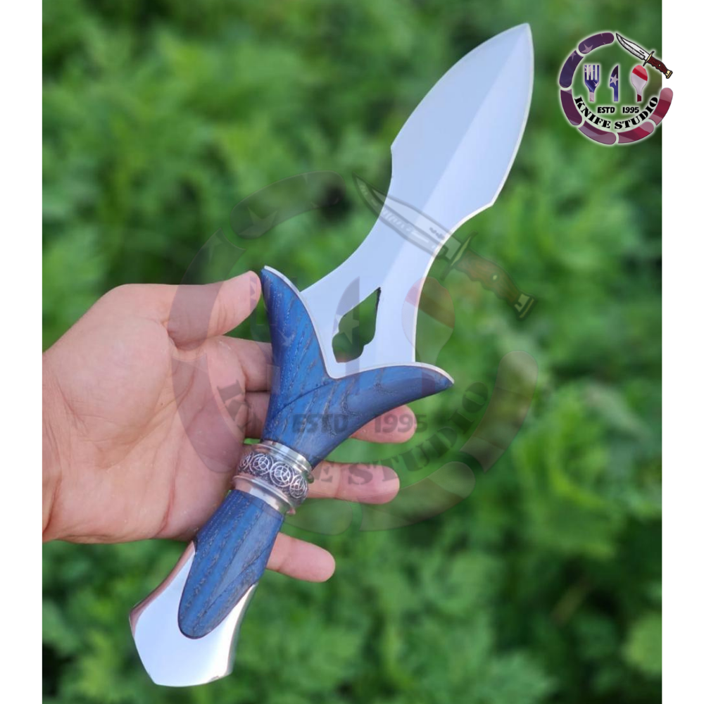 11" Custom Handmade Fantasy Dagger - High Carbon Steel Blade with Blue Pakkawood Handle & Celtic Bolster - Image 4