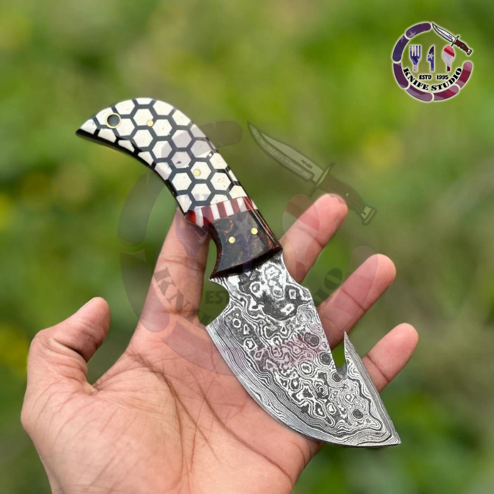 Custom Handmade Damascus Steel Gut Hook Skinner Knife - Honeycomb & Resin Hybrid Handle - Image 3