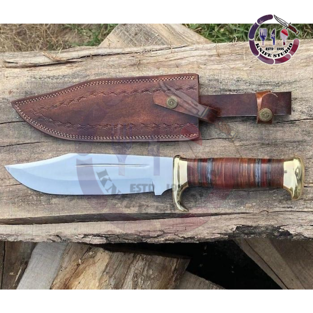 15" Custom Hand-Forged Dagger Hunting Knife - Stacked Leather Handle with Brass Guard - Image 5
