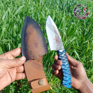10" Custom Hand-Forged Tracker Knife - High Carbon Steel with Blue Textured Grip and Premium Leather Sheath