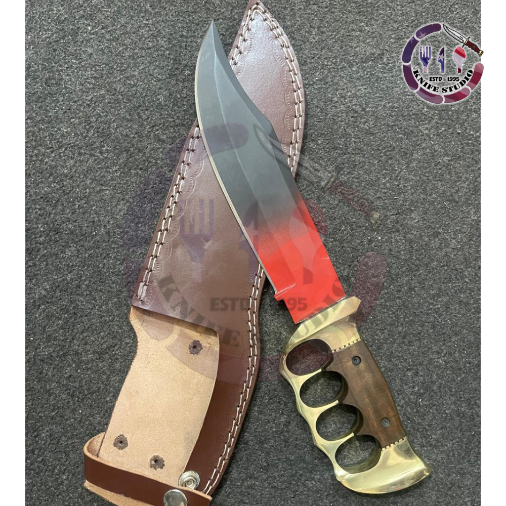 15" Custom Handmade D-Guard Bowie Knife - Two-Tone Carbon Steel Blade with Brass Knuckle Grip