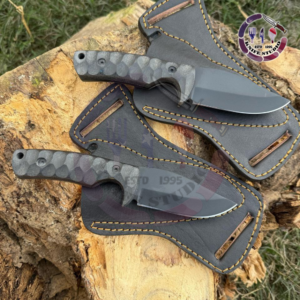 Pack of 2 Custom Hand-Forged 10" EDC Hunting Knives - Matte Black High Carbon Steel with Scalloped G10 Handles