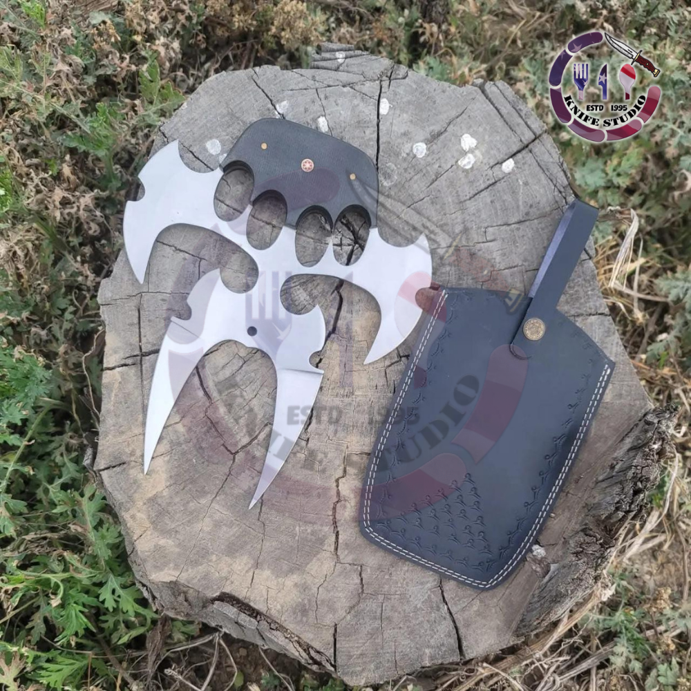 11" Custom Handmade Tactical Skinner Knife – Textured Blue Scale Handle with Tooled Leather Sheath